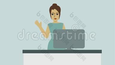 2D动画，站在接待处的接待员的肖像。 放大，女人挥手微笑，放大